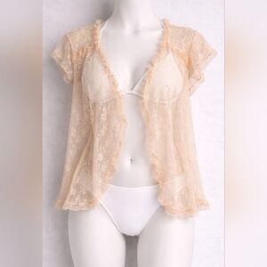 Vintage Cindy’s Lace Blouse Sheer Peach Floral Ruffle Small Boho